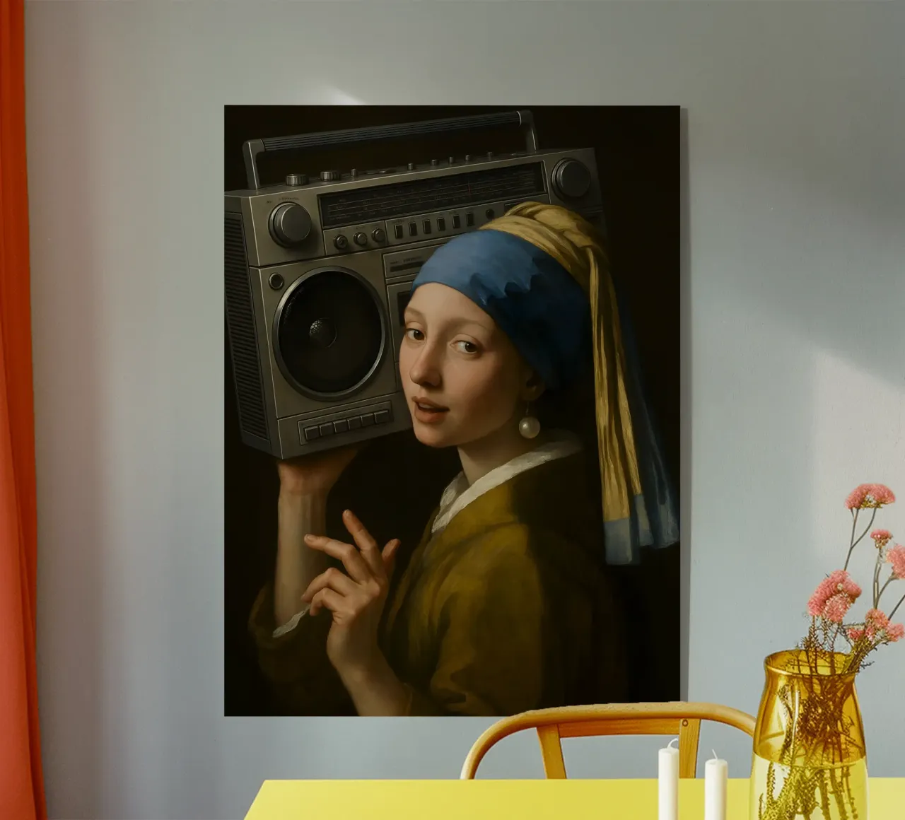 RAGAZZA CON ORECCHINO DI PERLA CHE TIENE IN MANO UN BLASTER DA GHETTO plexiglass da ARTOMATIC