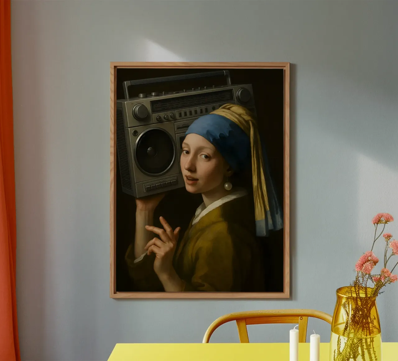 RAGAZZA CON ORECCHINO DI PERLA CHE TIENE IN MANO UN BLASTER DA GHETTO alluminio dibond da ARTOMATIC