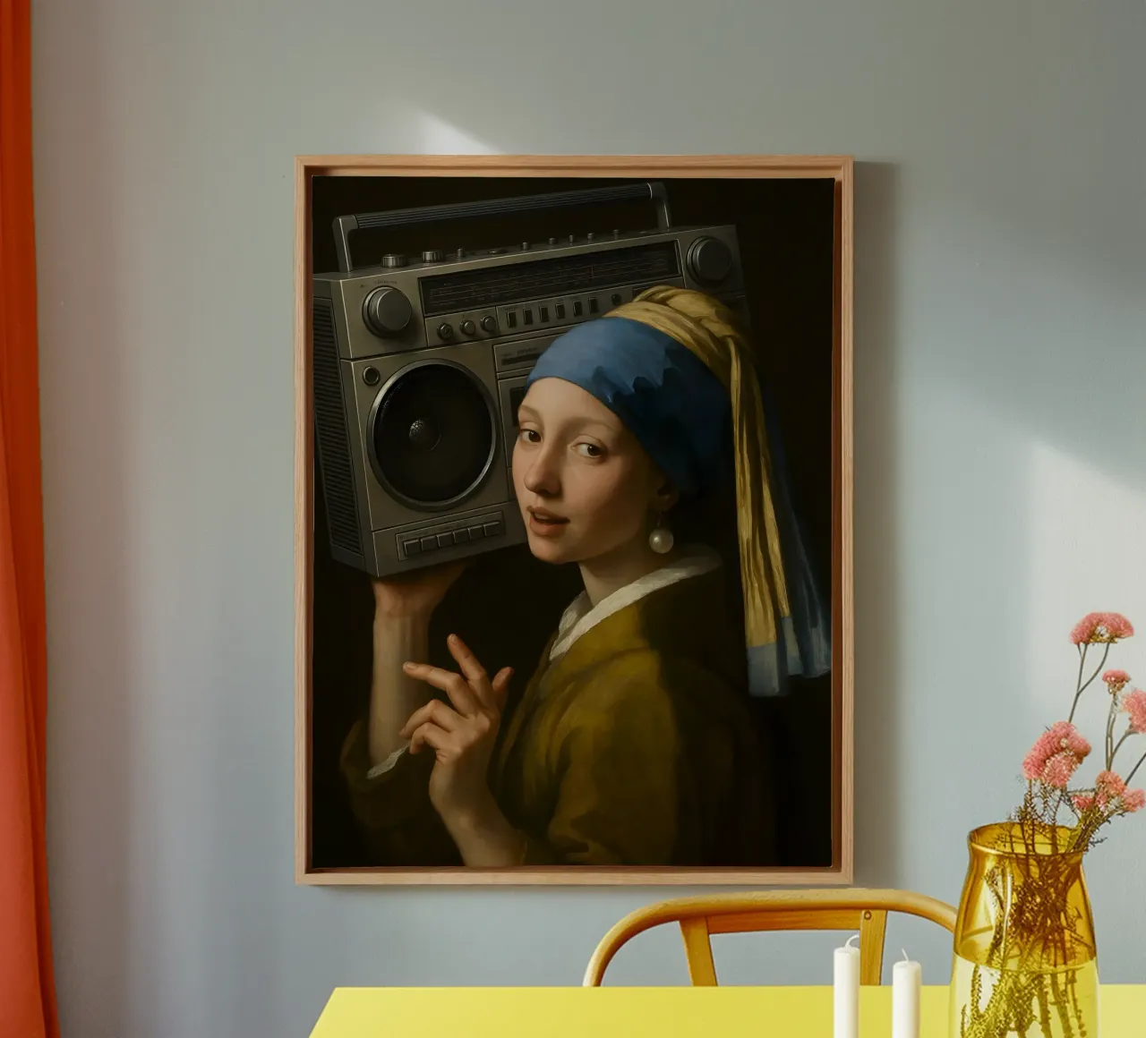 MÄDCHEN MIT PERLENOHRRING HÄLT GHETTOBLASTER Leinwand von ARTOMATIC
