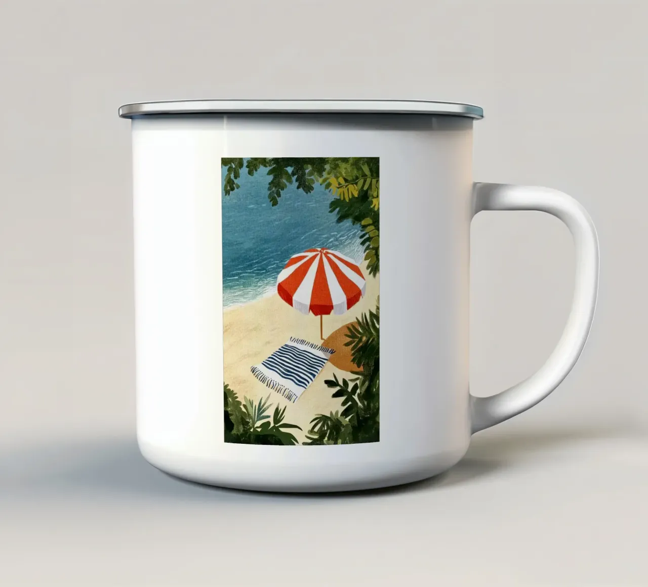 Spiaggia tranquilla tazza in smalto da Curious Canvas
