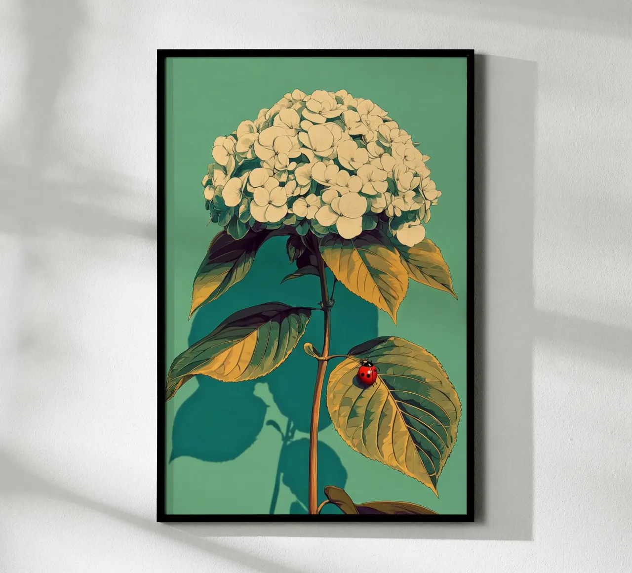 Ortensia e coccinella poster con telaio in plastica da Digital Naive