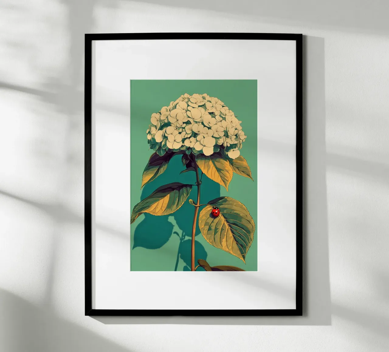 Ortensia e coccinella poster con telaio in plastica da Digital Naive