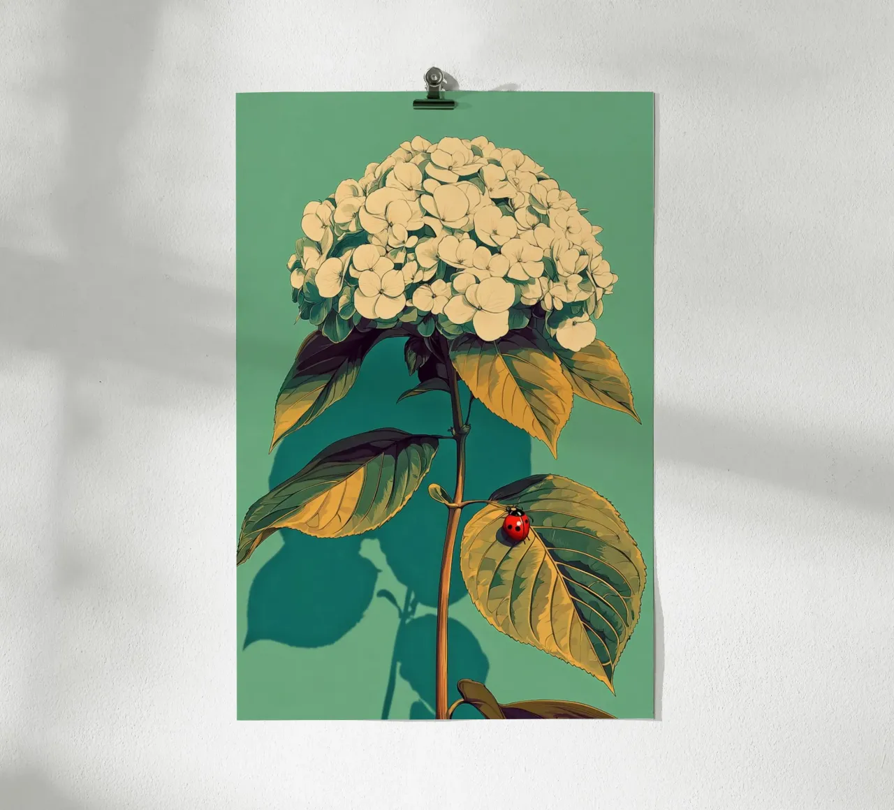 Ortensia e coccinella poster con telaio in plastica da Digital Naive