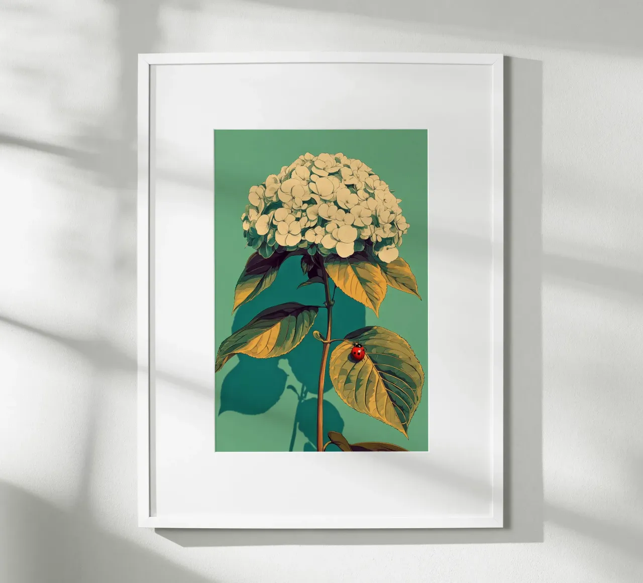Ortensia e coccinella poster con telaio in plastica da Digital Naive