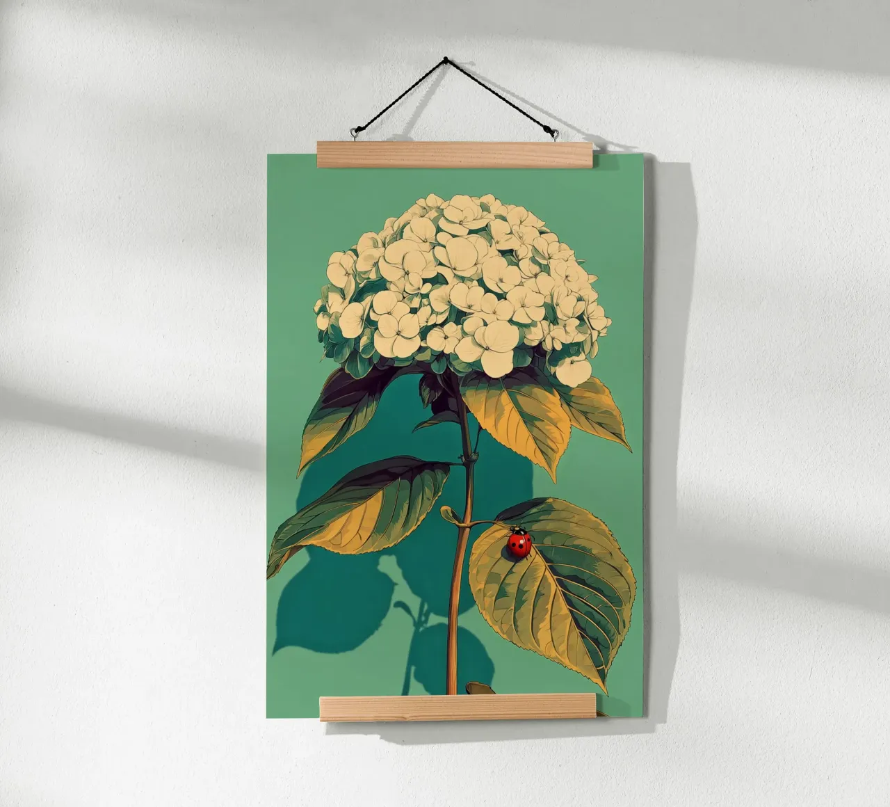 Ortensia e coccinella poster con telaio in plastica da Digital Naive