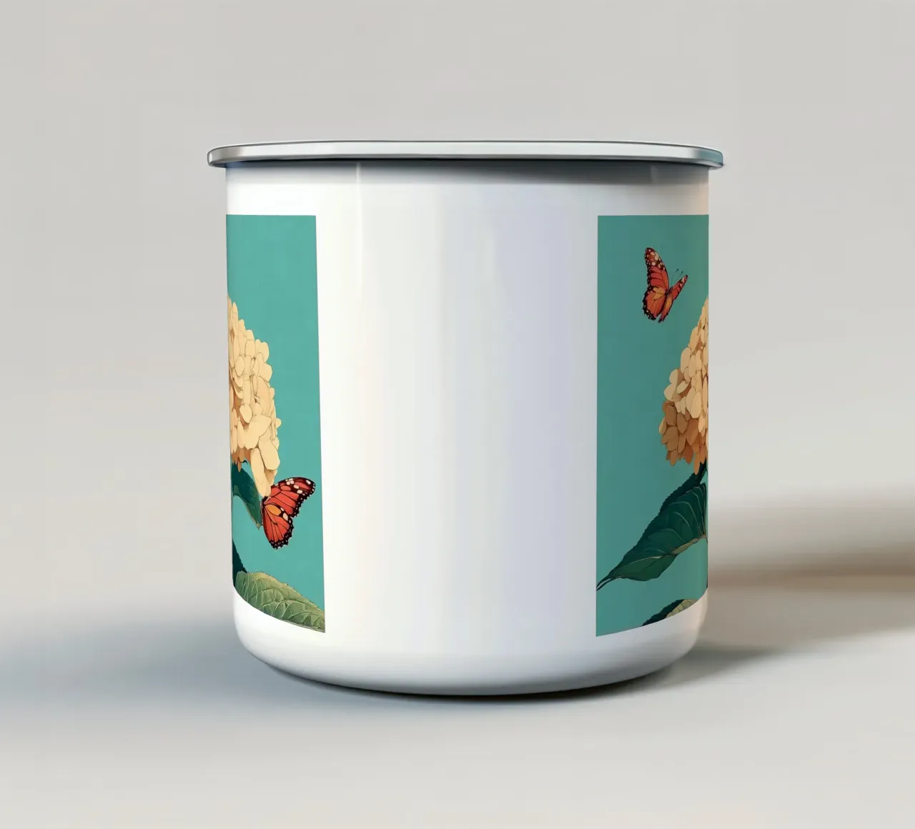 Ortensia con farfalle tazza in smalto da Digital Naive