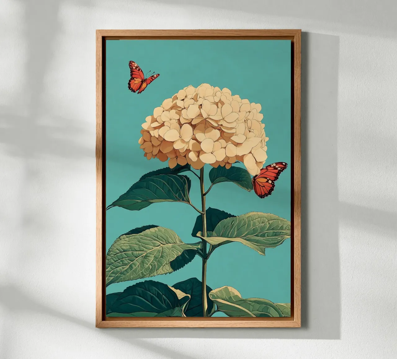 Hydrangea with butterflies canvas with Floater frame by Digital Naive