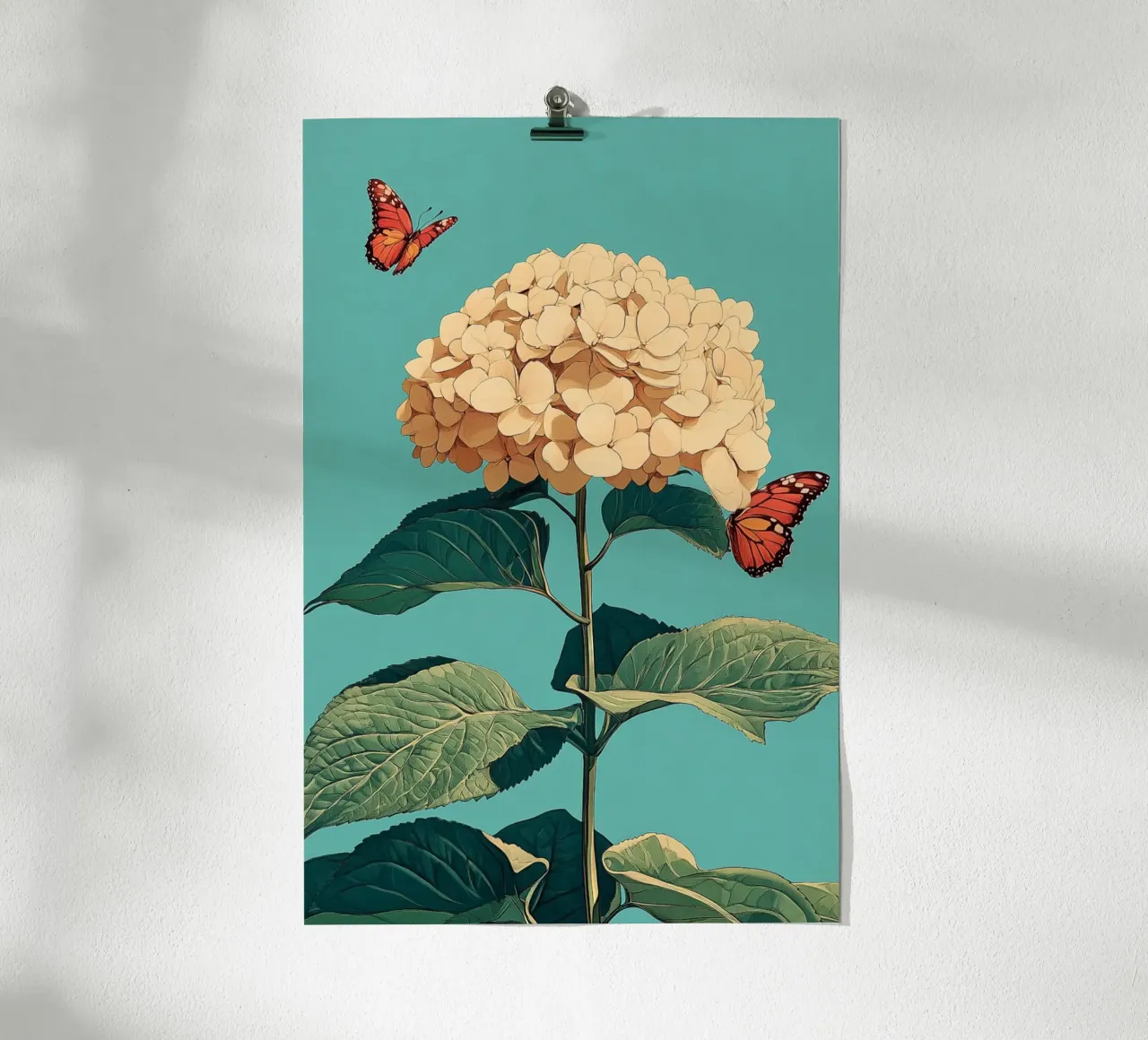 Ortensia con farfalle poster con telaio in alluminio da Digital Naive