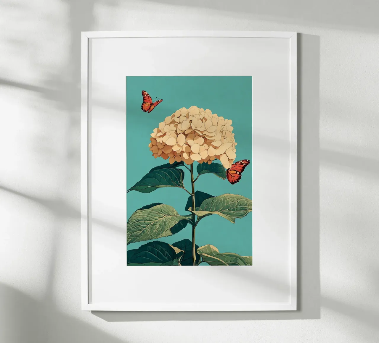 Ortensia con farfalle poster con telaio in alluminio da Digital Naive
