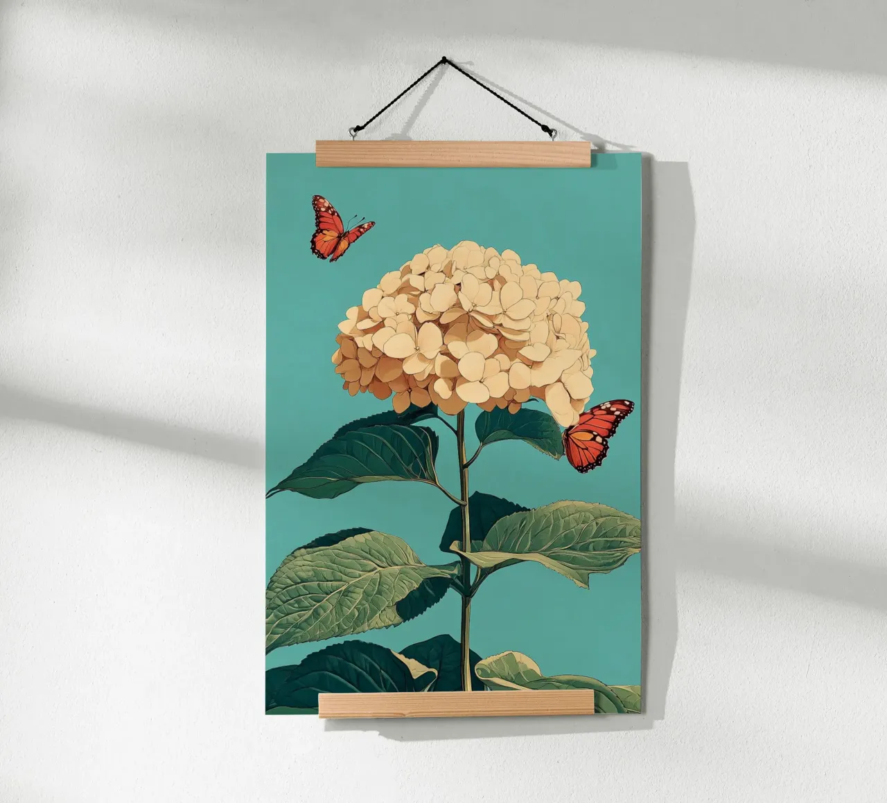 Ortensia con farfalle poster con telaio in alluminio da Digital Naive