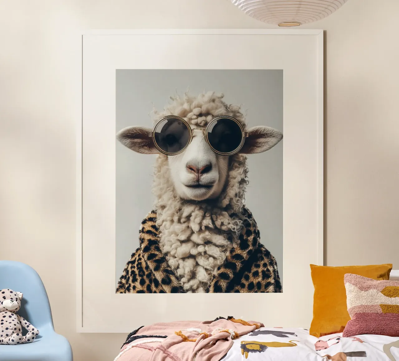 Het schaap in luipaardbont | Retro-Glamour Mode poster met houten frame van Autofocus