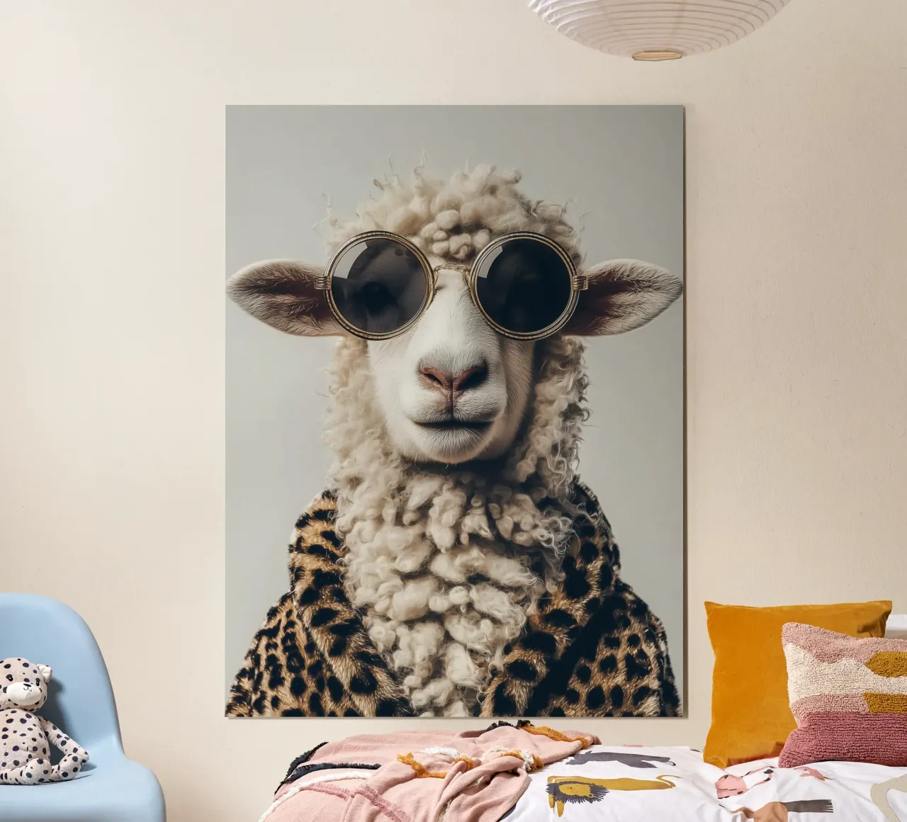 Het schaap in luipaardbont | Retro-Glamour Mode poster met houten frame van Autofocus