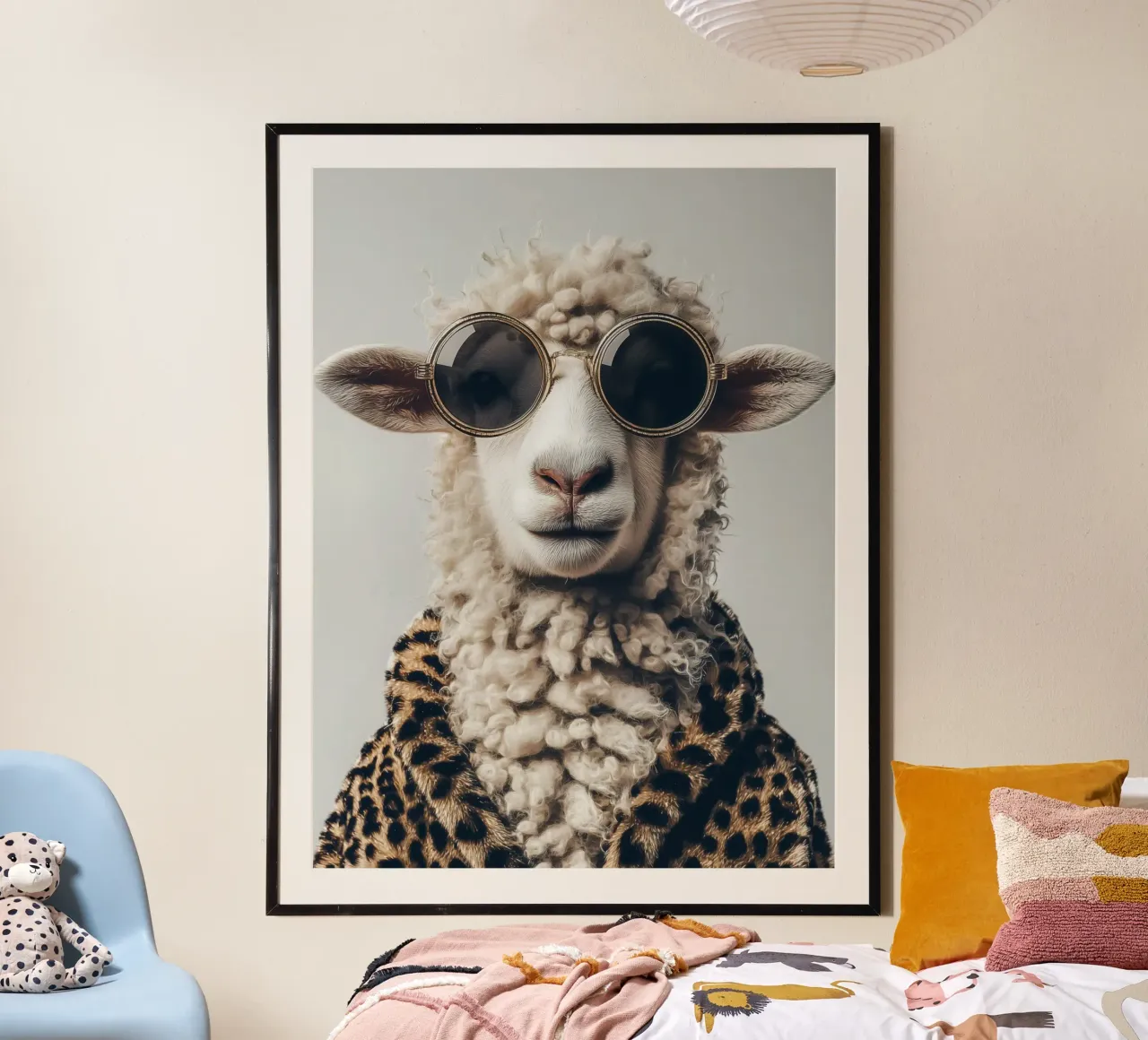 Het schaap in luipaardbont | Retro-Glamour Mode poster met houten frame van Autofocus