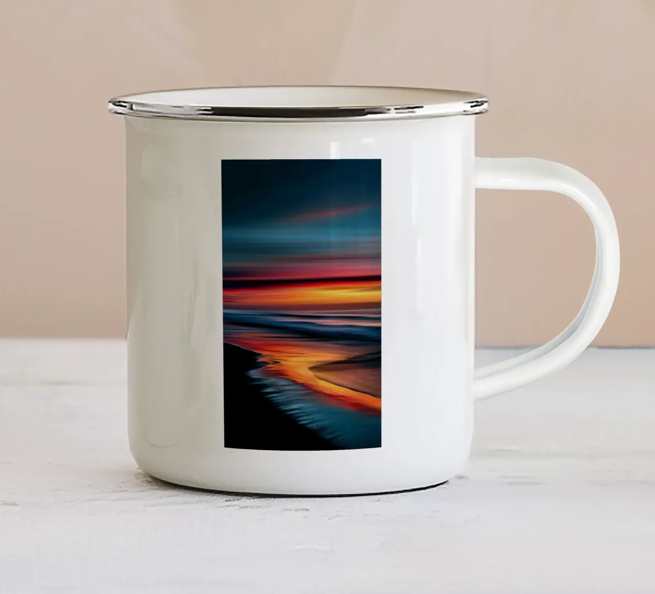 Midnight sun on the black beach | Digital photo painting enamel mug by Autofocus