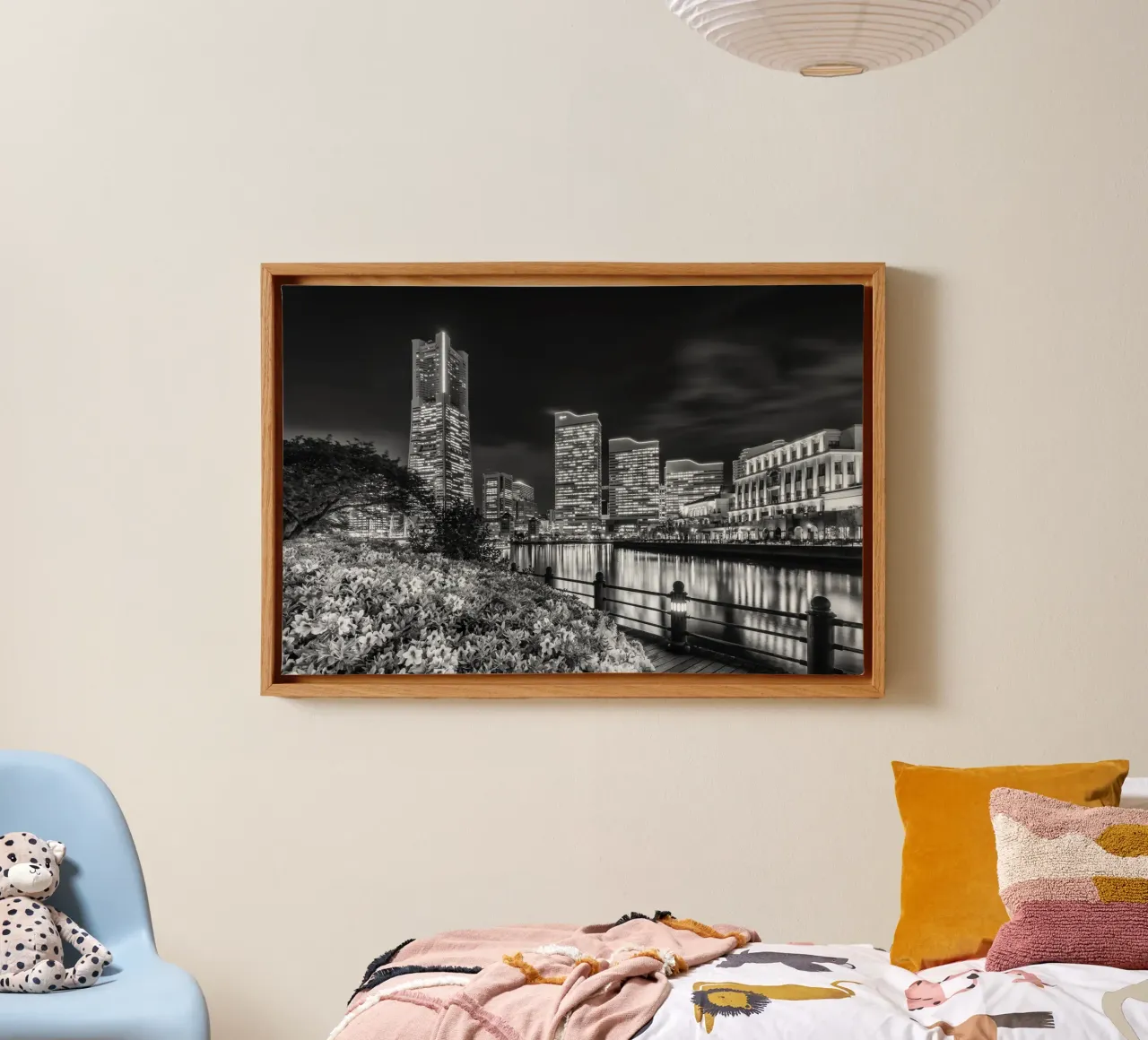 Idyllic Yokohama skyline at night | monochrom canvas with Floater frame by Melanie Viola
