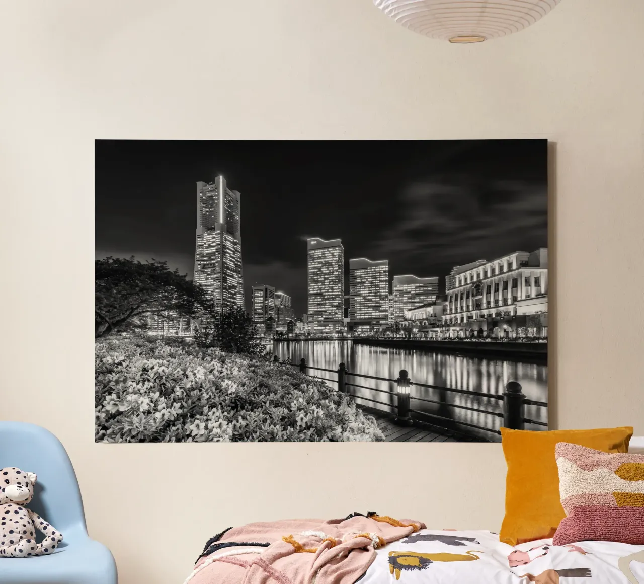 Idyllic Yokohama skyline at night | monochrom canvas with Floater frame by Melanie Viola