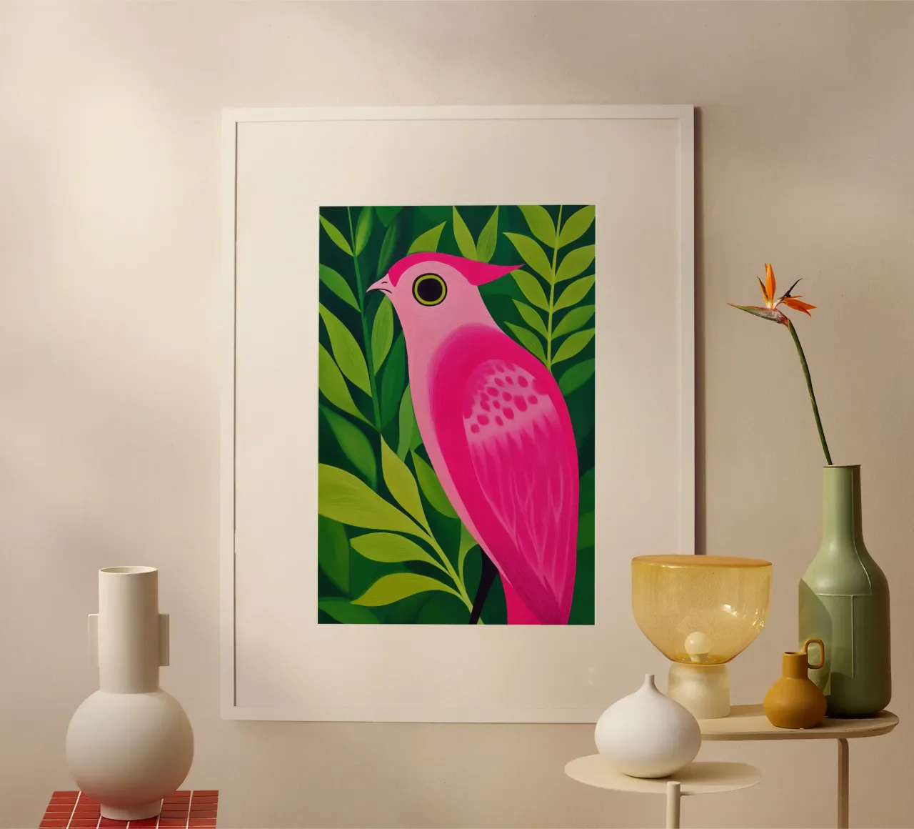 Uccello tropicale esotico rosa poster con telaio in legno da Autofocus