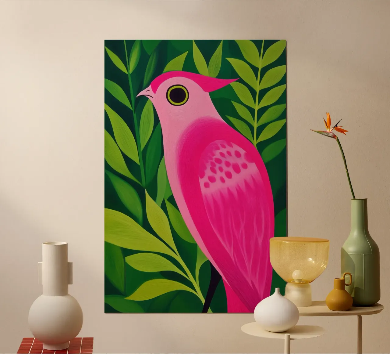 Uccello tropicale esotico rosa poster con telaio in legno da Autofocus