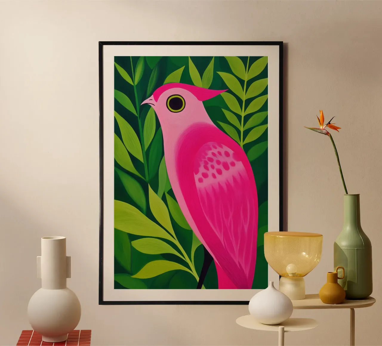 Uccello tropicale esotico rosa poster con telaio in legno da Autofocus