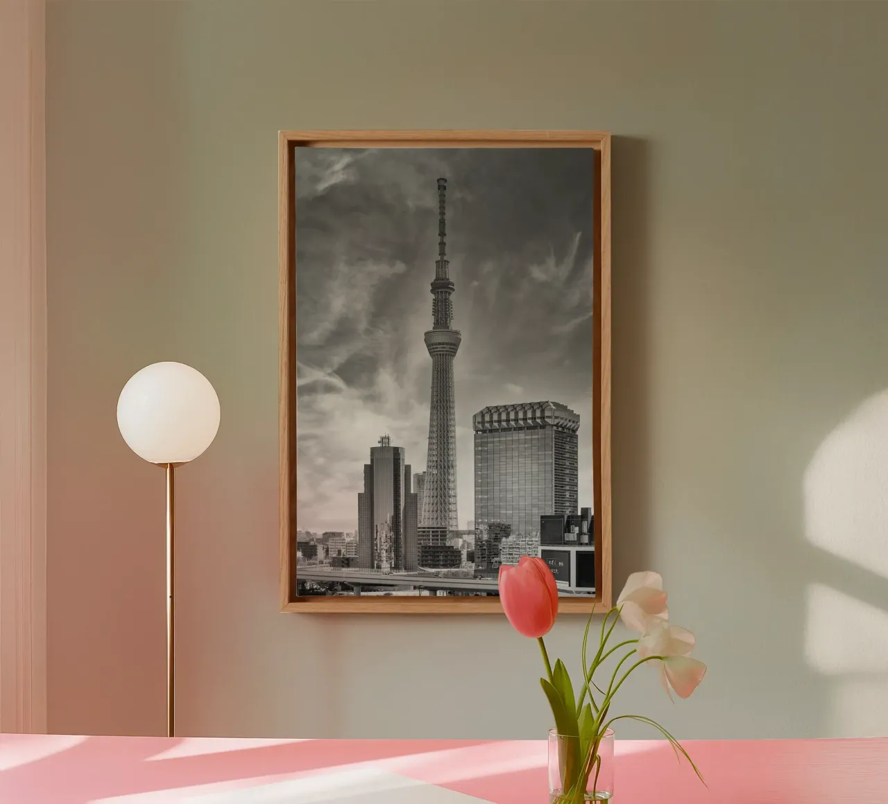 Markanter Tokyo Skytree am Sumida River | monochrom canvas with Floater frame by Melanie Viola