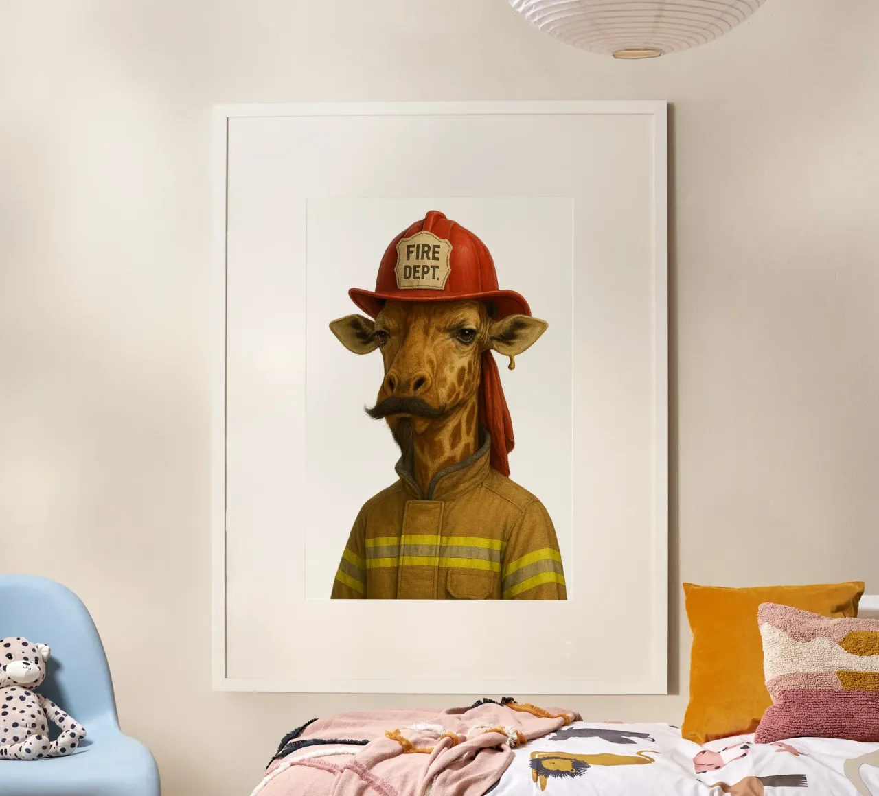Giraffa pompiere - L'eroe del safari urbano poster con telaio in legno da So Cute Land - Affiches et posters