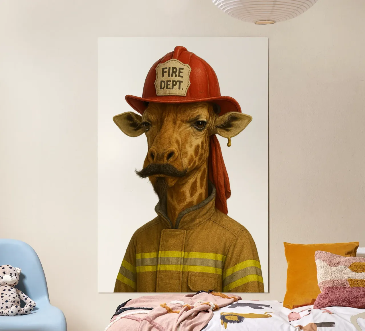 Giraffa pompiere - L'eroe del safari urbano poster con telaio in legno da So Cute Land - Affiches et posters