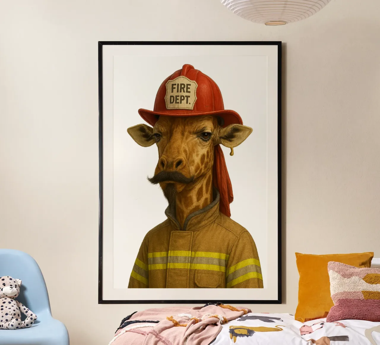 Giraffa pompiere - L'eroe del safari urbano poster con telaio in legno da So Cute Land - Affiches et posters
