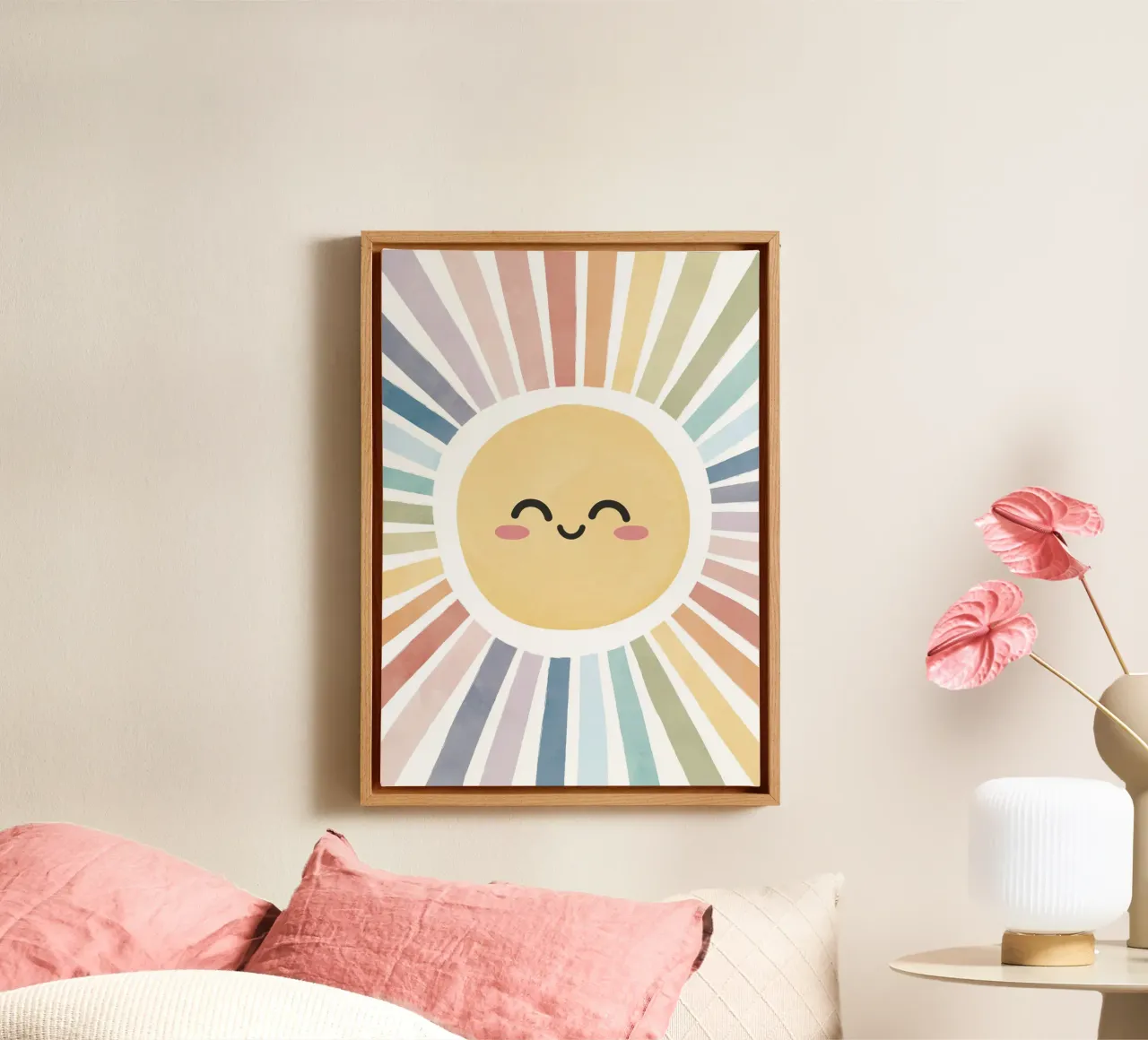 Happy Sun Print, Regenboog Kinderkamer Poster, Decoratie Speelkamer canvas met Baklijst van ABC Prints