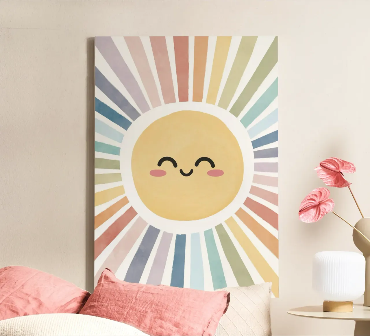 Happy Sun Print, Regenboog Kinderkamer Poster, Decoratie Speelkamer canvas met Baklijst van ABC Prints