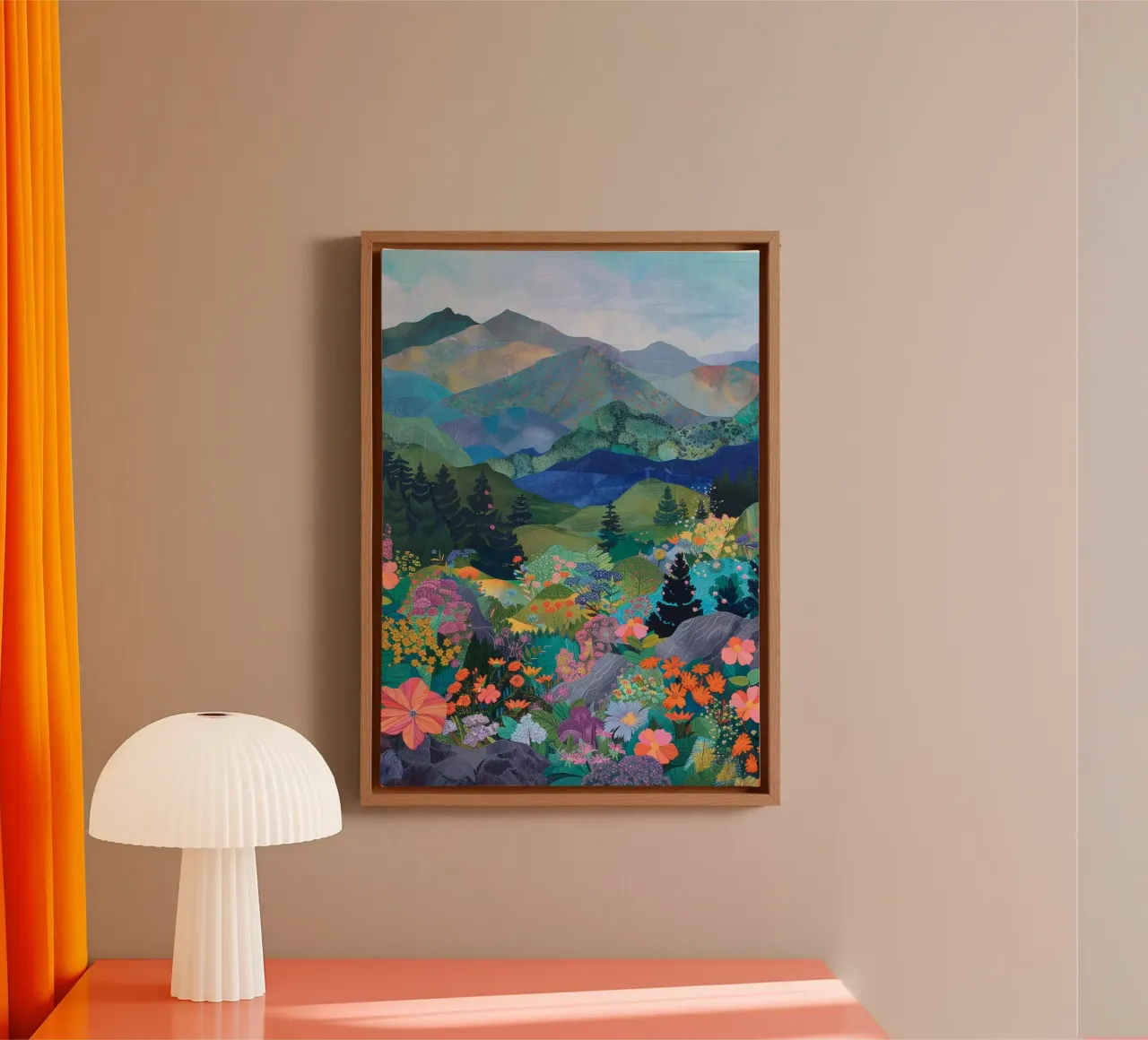 Boho Mountain Print, abstracte muurkunst, bloemenprint canvas met Baklijst van Boheme