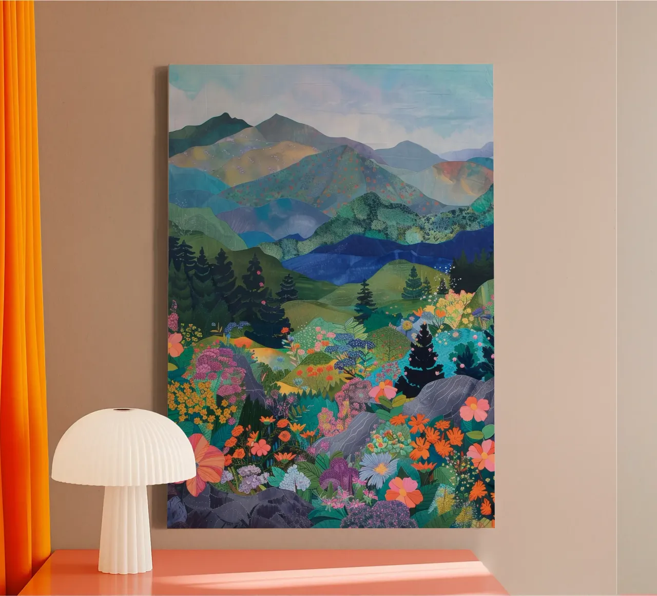 Boho Mountain Print, abstracte muurkunst, bloemenprint canvas met Baklijst van Boheme