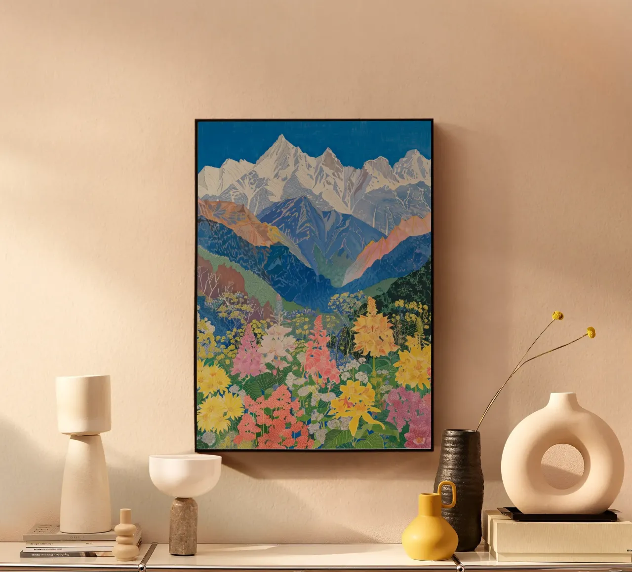 Boho Mountain Poster, Colourful Nature Print acrylic glass by Boheme