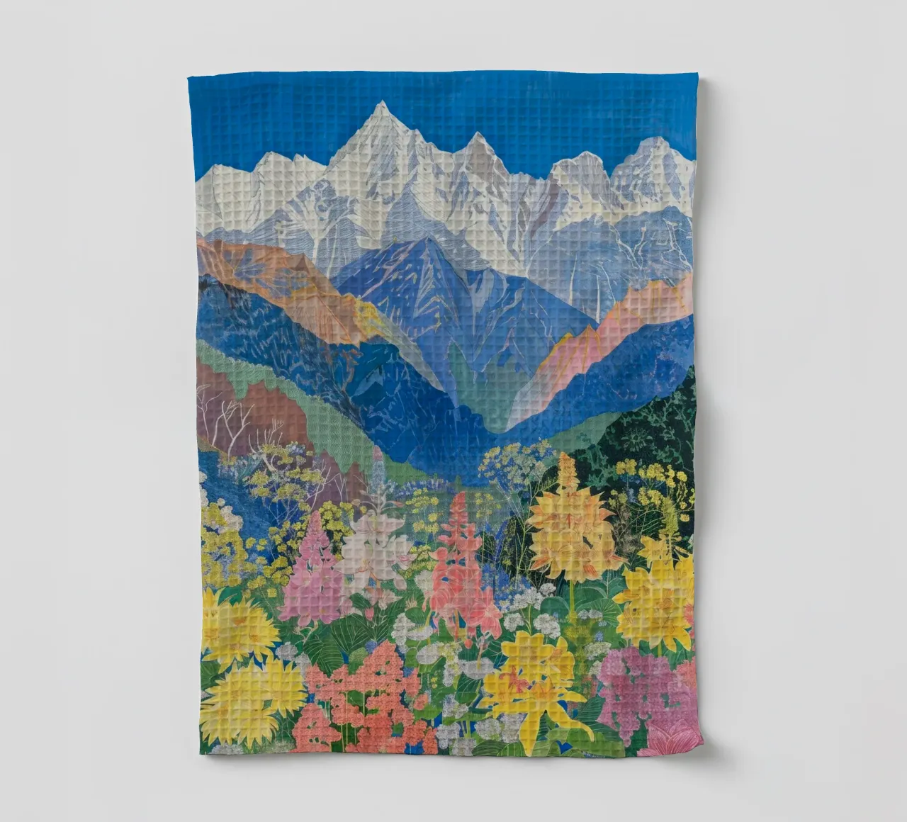 Boho Mountain Poster, Colourful Nature Print tea towel by Boheme