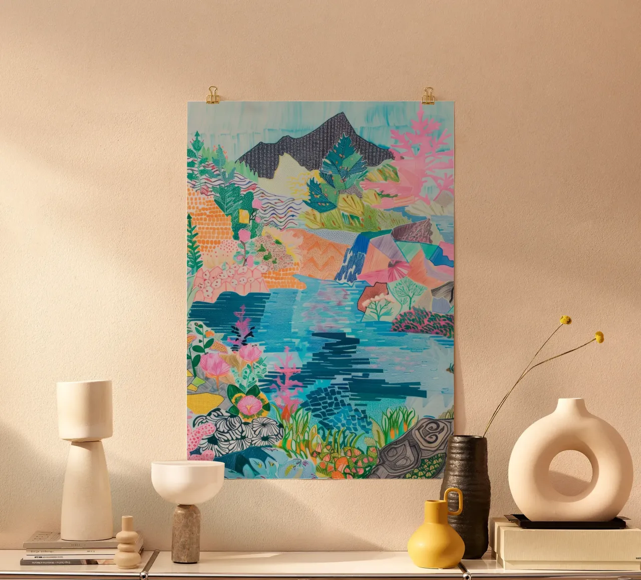 Abstraktes Landschaftsposter, Berg-Wandkunst, farbenfrohe Kunst Poster von Boheme