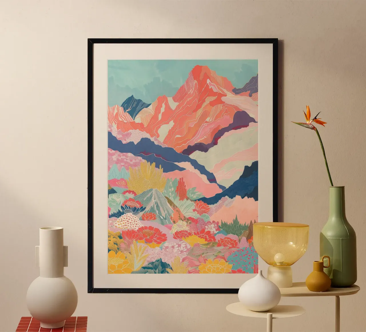 Boho Wall Art, Abstract Flower Poster, Mountain Wall Art poster by Boheme