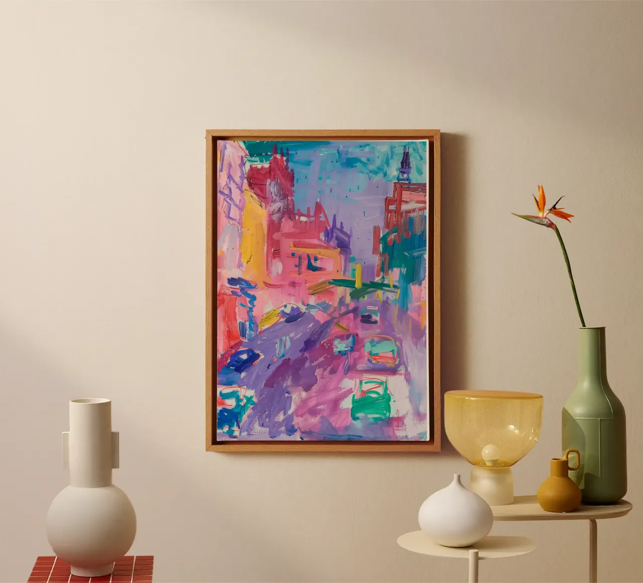 Abstracte stadsprint, neonillustratie, moderne kunst canvas met Baklijst van Boheme