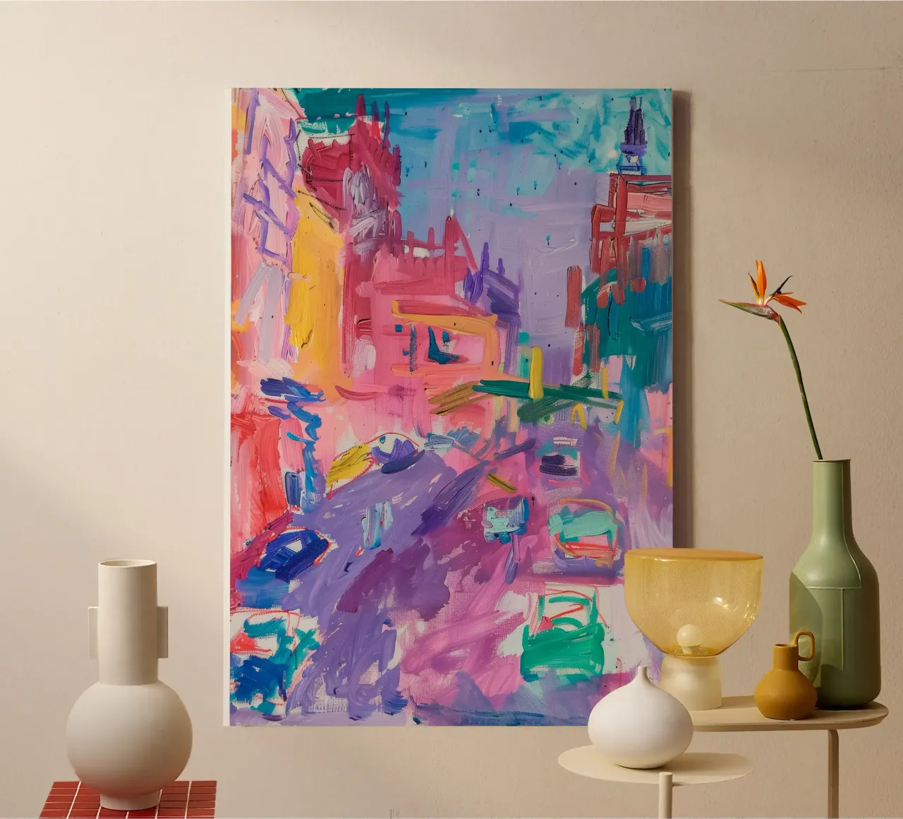 Abstracte stadsprint, neonillustratie, moderne kunst canvas met Baklijst van Boheme