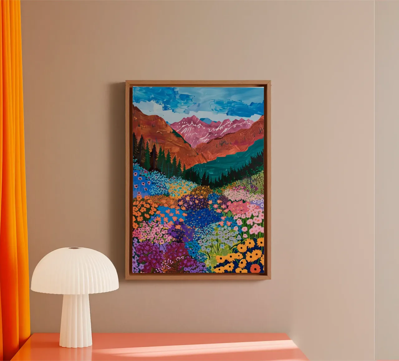 Abstracte bloemenprint, modern natuurlandschap bergkunst canvas met Baklijst van Boheme