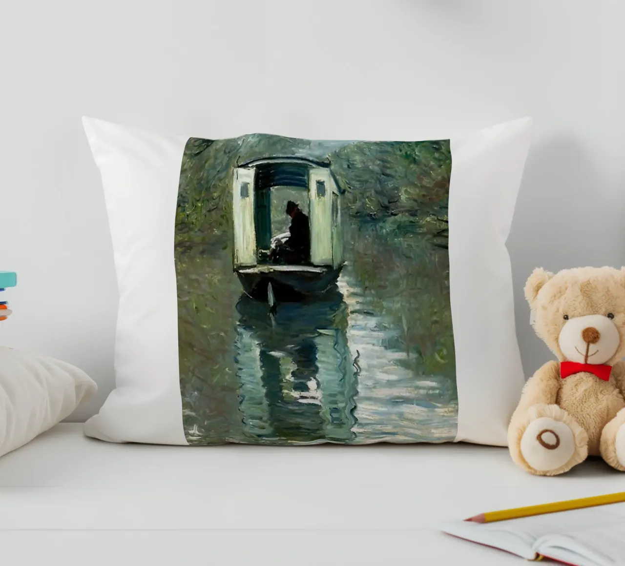 one boards a boat in the serenity of claude monet decorative cushion by belong shop