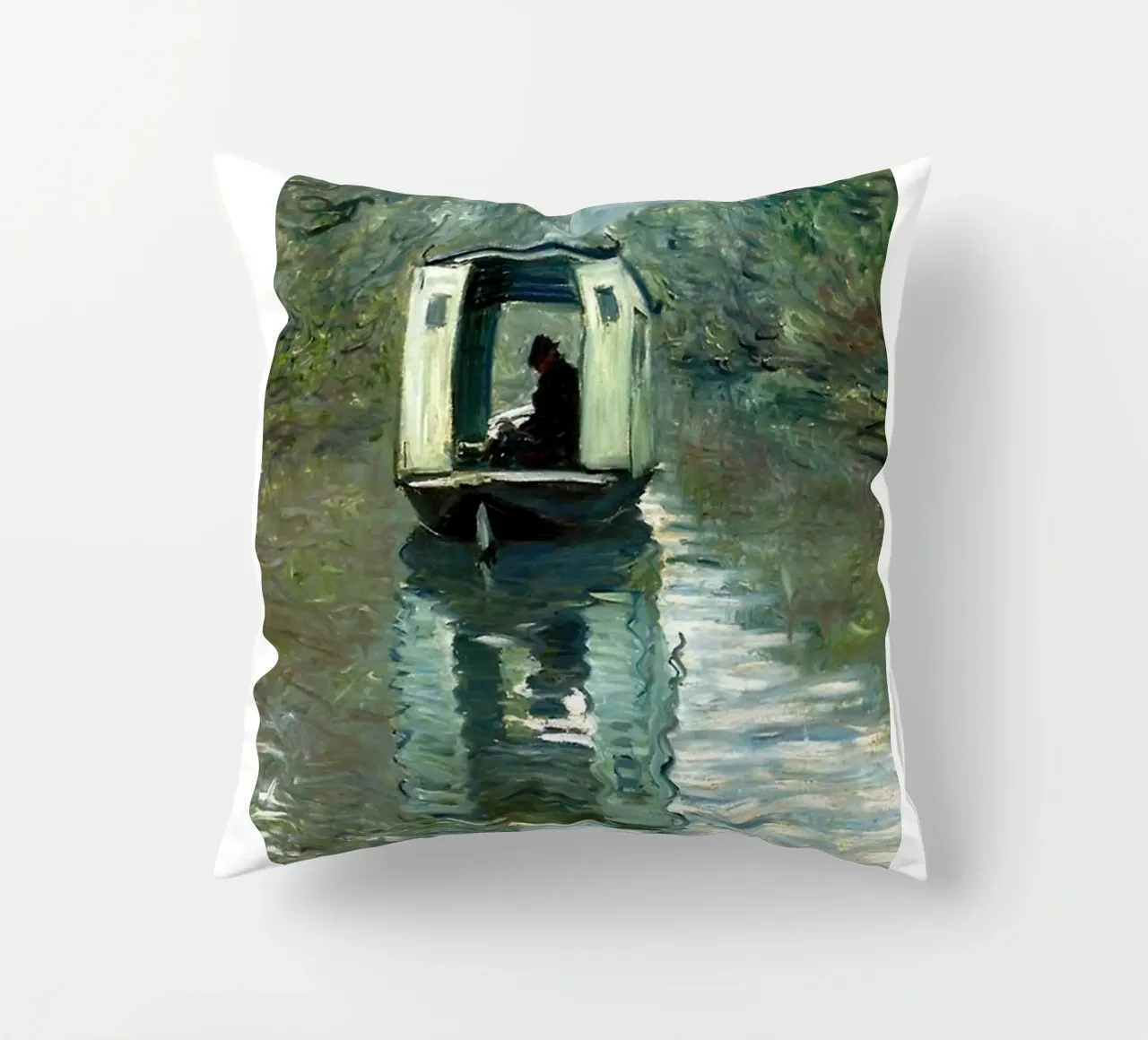 one boards a boat in the serenity of claude monet decorative cushion by belong shop