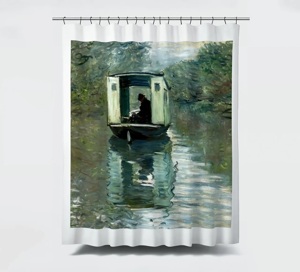 man besteigt ein boot in der heiterkeit von claude monet Duschvorhang von belong shop