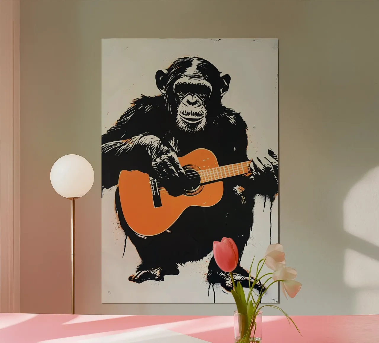 Schimpanse mit Gitarre poster con telaio in legno da WILD ART