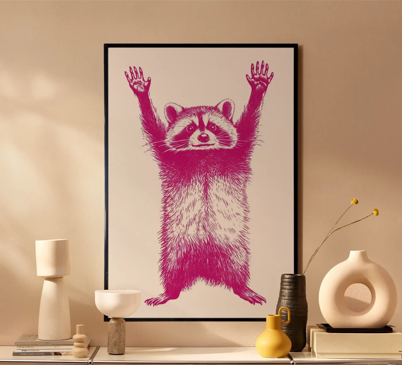 Waschbär mit erhobenen Händen hahnemühle de WILD ART