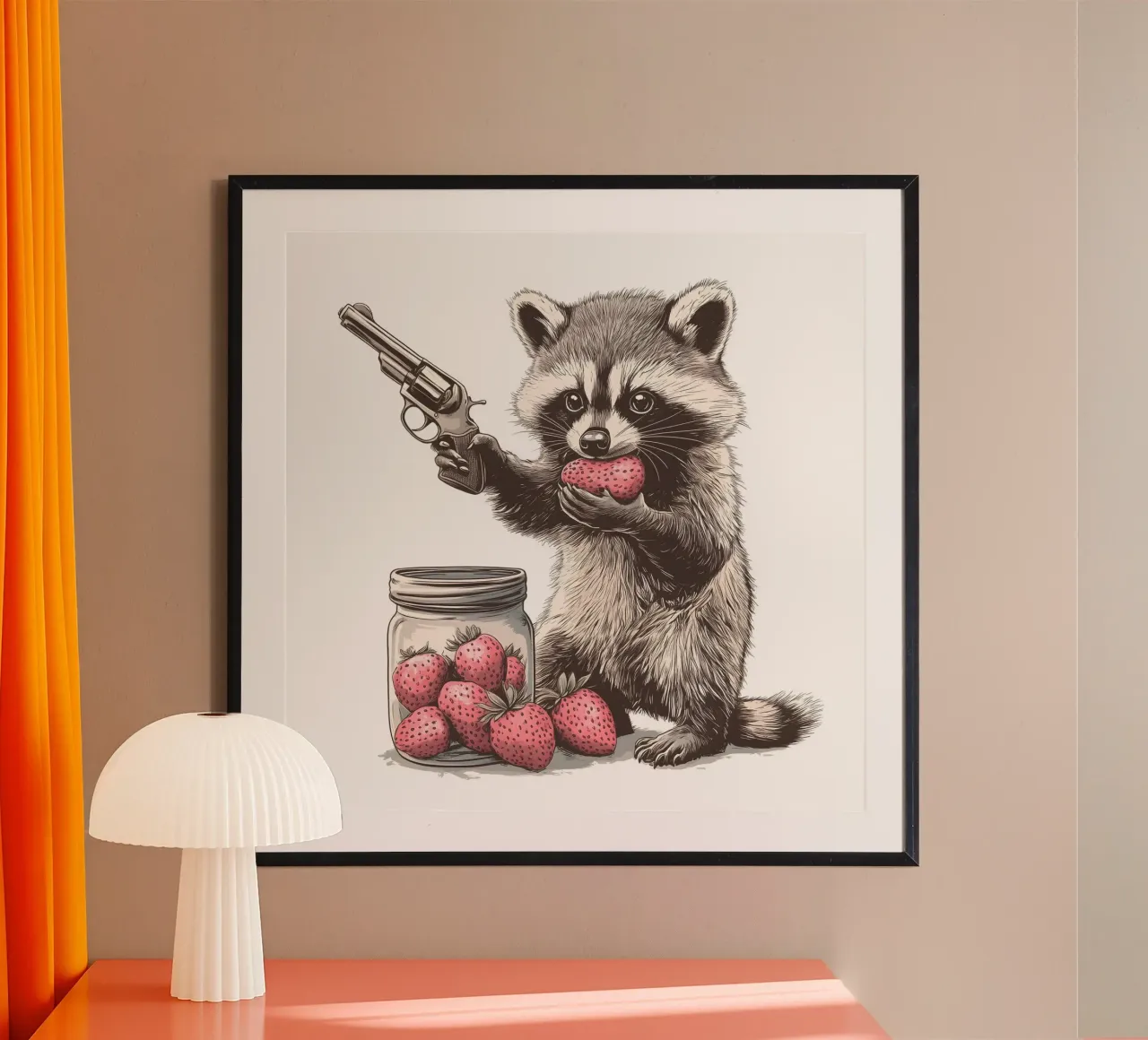 Waschbär isst Erdbeeren carta hahnemühle da WILD ART