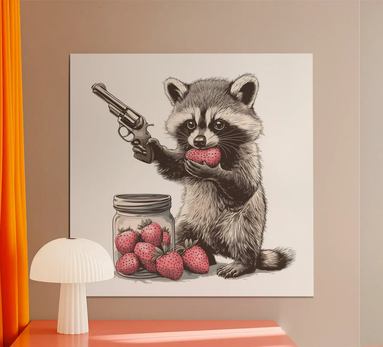 Waschbär isst Erdbeeren carta hahnemühle da WILD ART