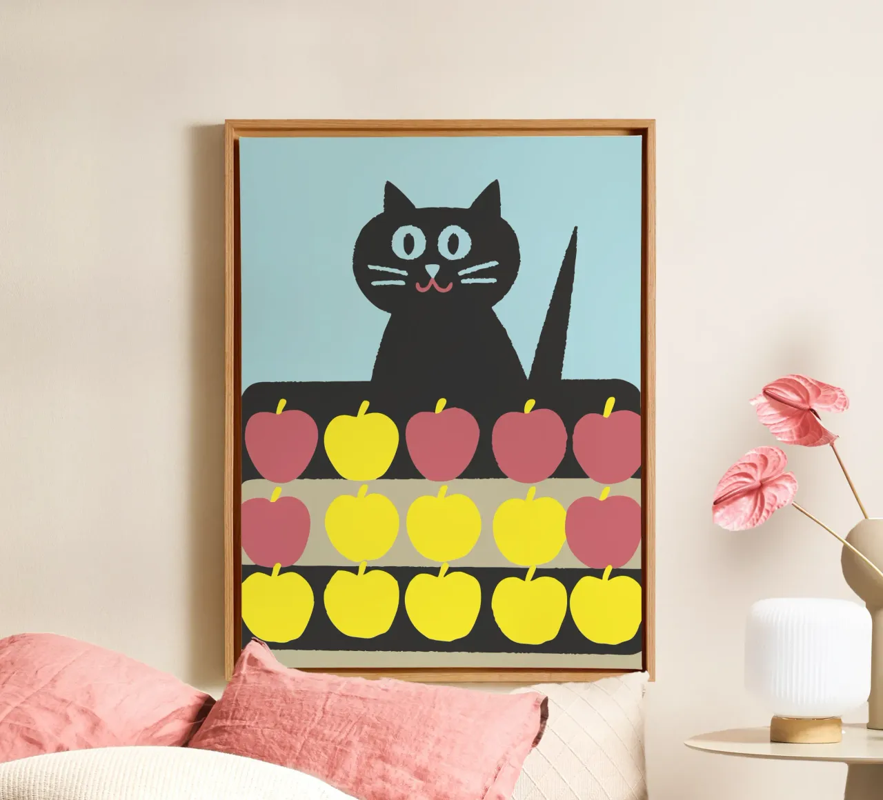 Katten verkopen appels canvas met Baklijst van TRENDY POSTER SHOP