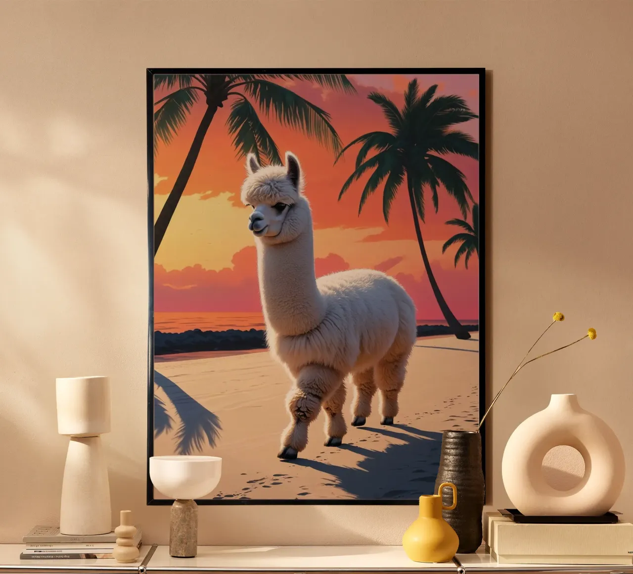 Alpaka am Strand poster con telaio in alluminio da Poster Dreams