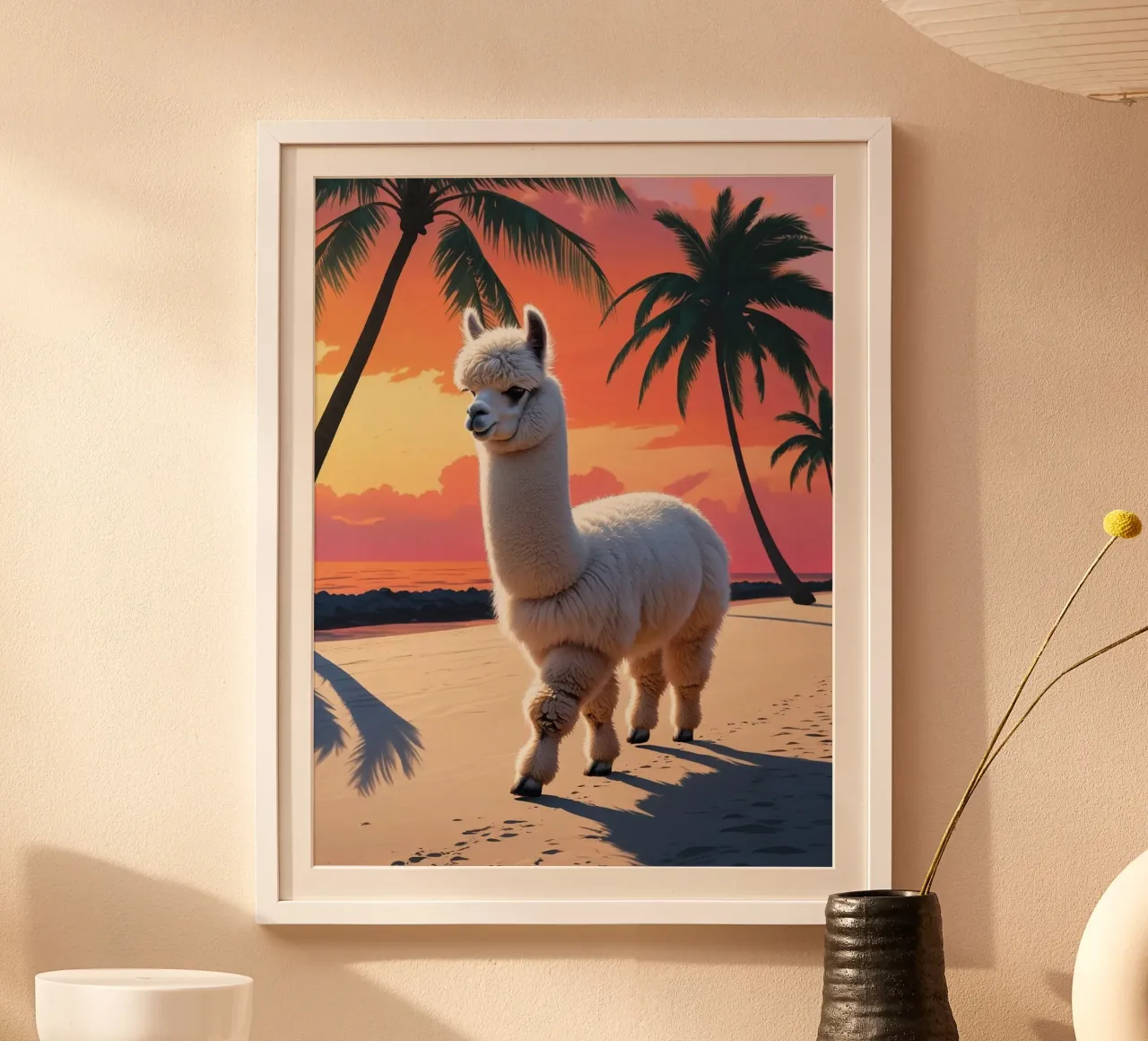 Alpaka am Strand poster con telaio in alluminio da Poster Dreams