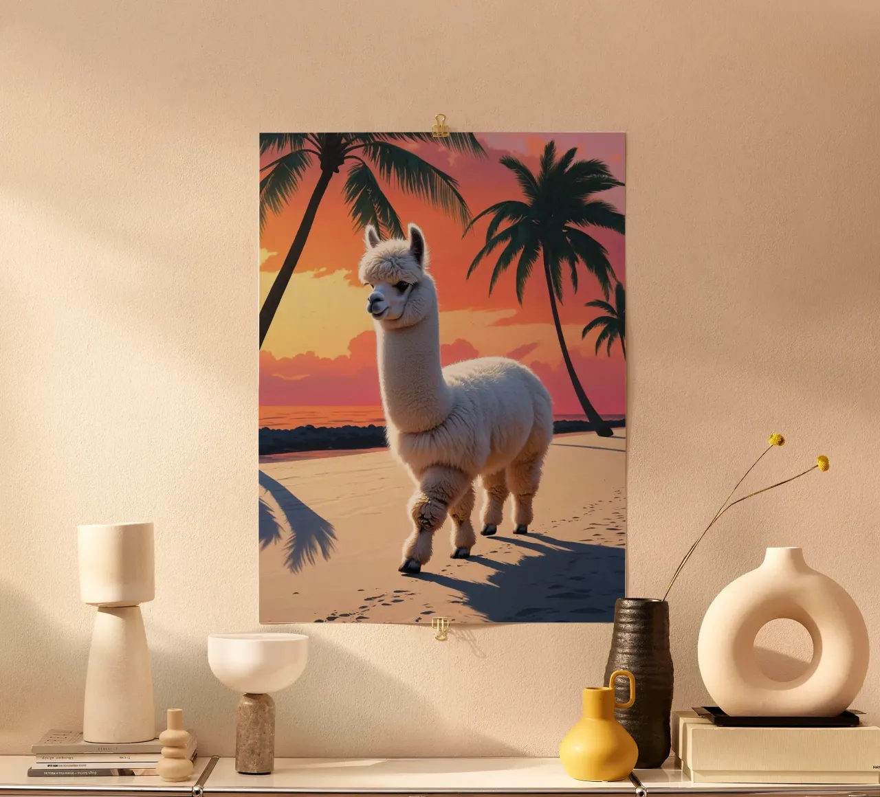 Alpaka am Strand poster con telaio in alluminio da Poster Dreams