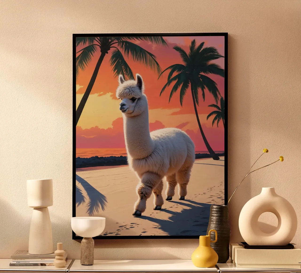 Alpaka am Strand poster con telaio in alluminio da Poster Dreams